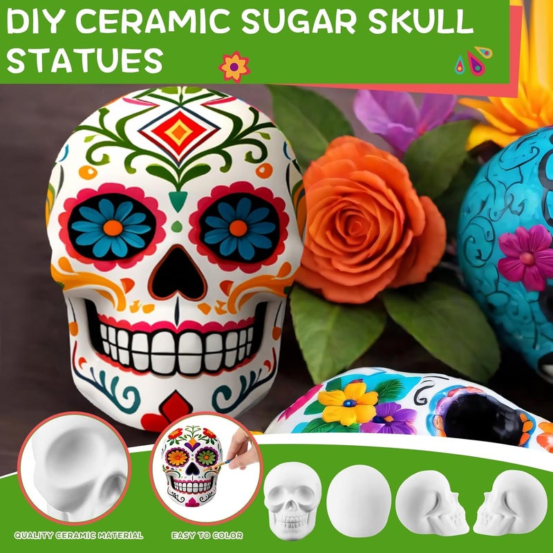 Colingmill 6 Pcs Halloween Skull Ceramic Ready to Paint 5 Inch Ready to Paint Your Own Sugar Skull Figurines Unpainted Plaster Arts and Crafts for Adults Day of The Dead Party Supplies (Classic) - Image 3